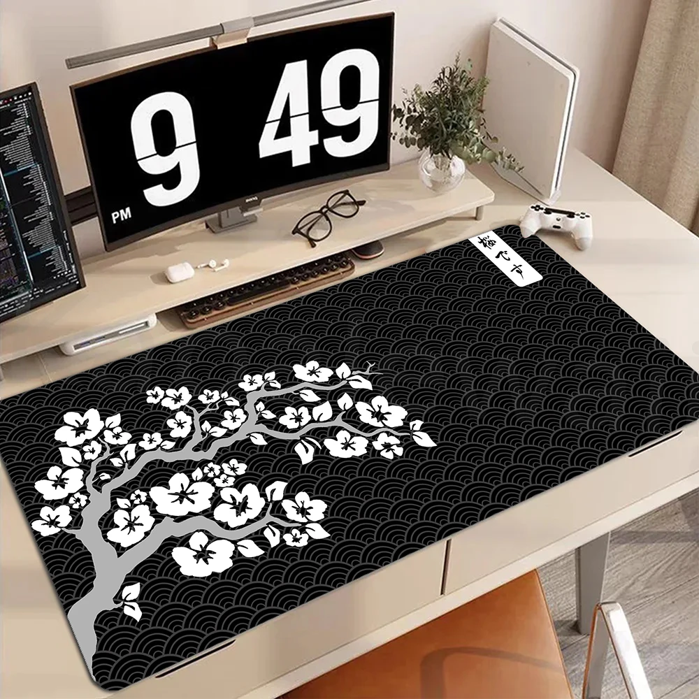 

80x30cm Mouse Mat Large Sakura Cherry Blossom Mouse Pad Gamer Black and White Mousepad Office Rubber DeskMat Game Keyboard Pads