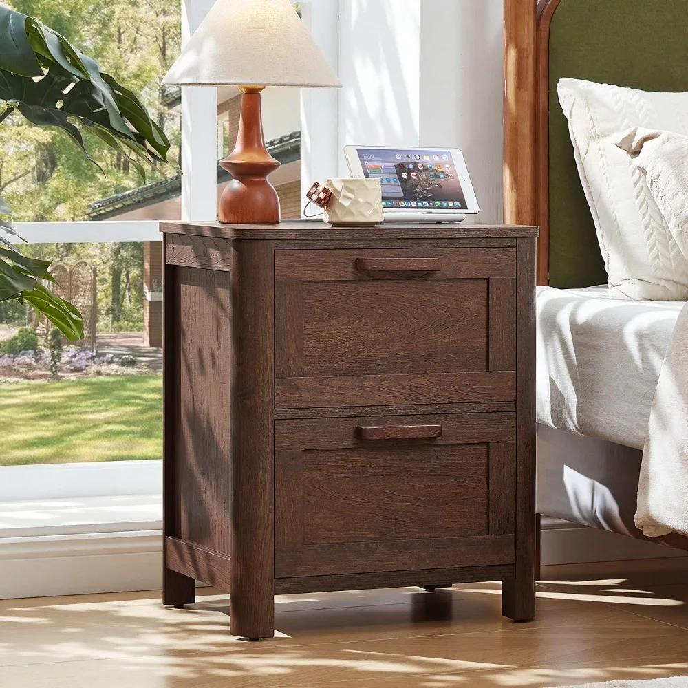 Farmhouse Nightstand Set of 2 with Charging Station, Walnut Vintage Bedside Table with 2 Large Drawers
