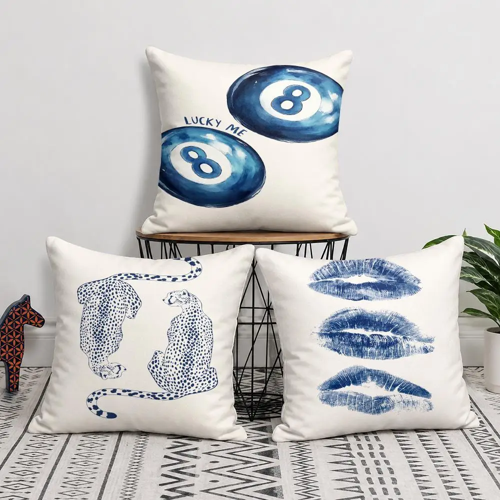 Blue Spotted Kiss Mark Lucky 8 Ball Cushion Cover Silky Short Plush Invisible Zipper Dustproof Sofa Pillow Case For Home Decor