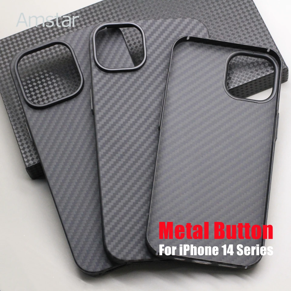 Amstar Luxury Carbon Fiber Phone Case for iPhone 14 Pro Max Ultra-thin Metal Button Aramid Fiber Cases Cover for iPhone 14 Plus