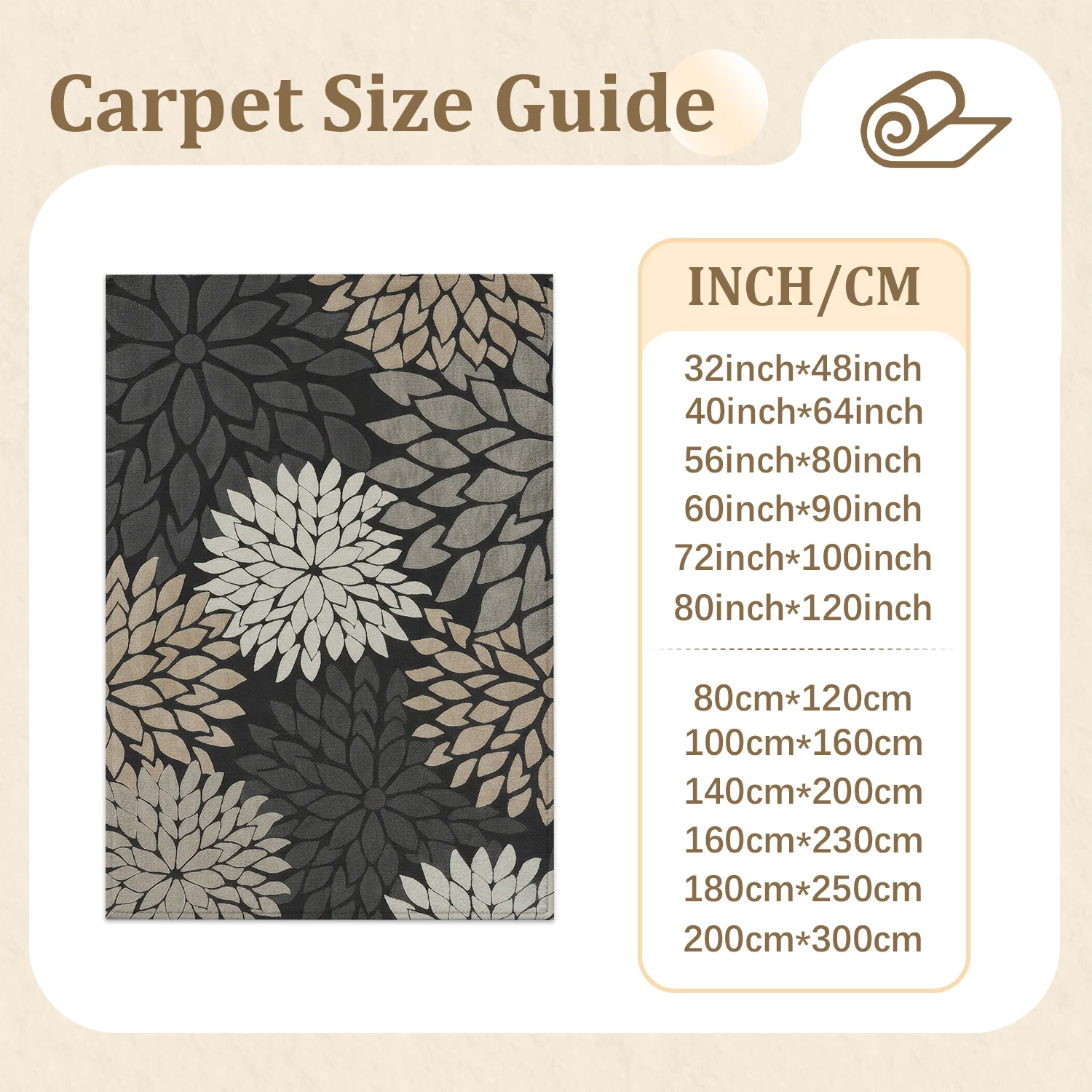 Large Indoor Area Rug, Soft Velvet Low Pile, Non-slip Dotted Backing, Machine Washable, Modern Floral Dahlia Pattern in Neutral Gray Beige, Great for Living Room, Bedroom, Entryway
