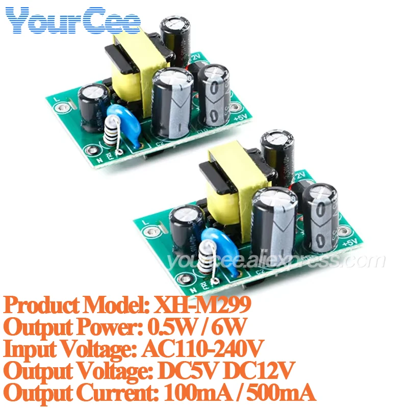 2szt/1szt XH-M299 AC DC Moduł zasilacza impulsowego Izolowany moduł płytki PCB Wejście 110-220V Podwójne wyjście 12V 0.5A + 5V