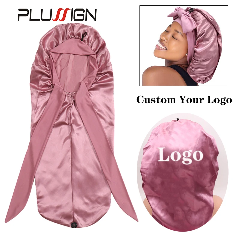 

Custom Logo Satin Sleep Bonnet For Braids Black Women Night Cap For Dreadlock Curly Hair Silk Satin Bonnet With Edge Wrap Tie