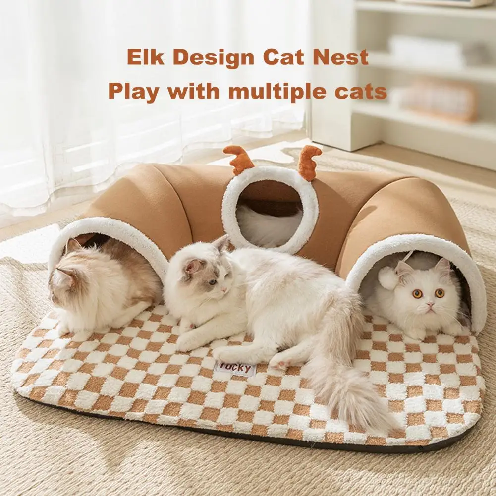 

Cat Tunnel Bed Indoor Warm Antler Cat Peekaboo Cave Nest Kitty Tube with Plush Ball Toy Removable Small Animal House For Bunny