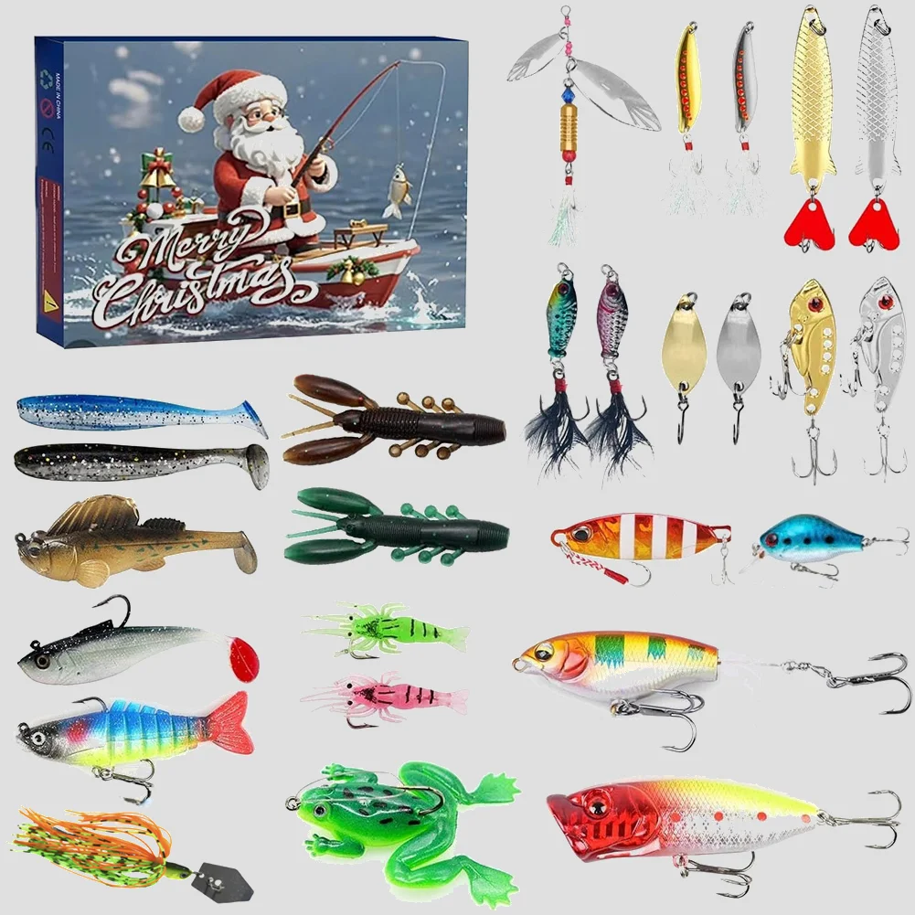 Angelköder, harter Köder, Weihnachtsgeschenkbox, Angelhaken-Set, 24-Tage-Weihnachts-Countdown-Kalender, Angelgerät-Set für Fisher Men