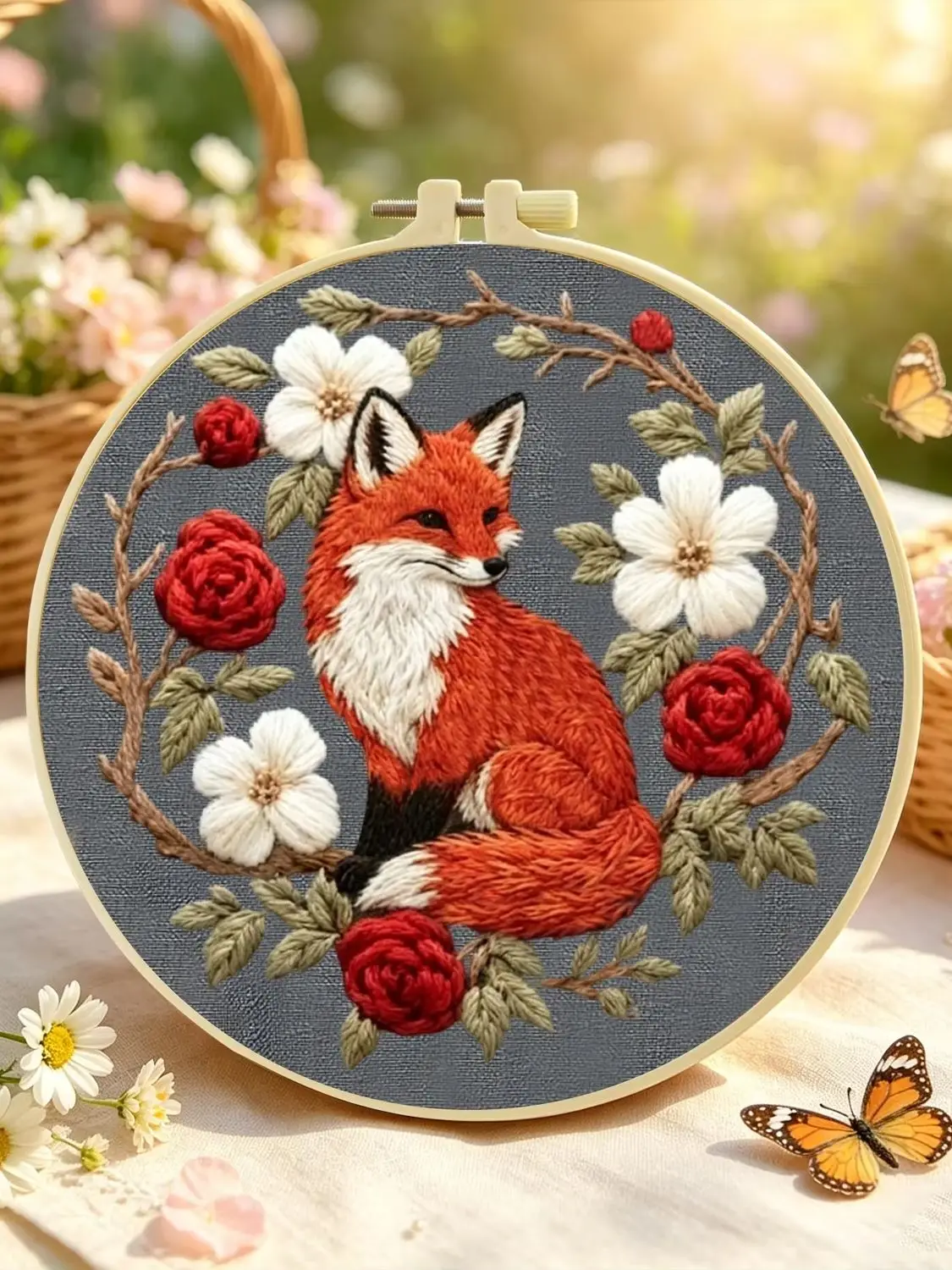 1 Set Blumenkranz Fuchs DIY Stickerei-Set für Anfänger Stickerei Starter-Kit Kreuzstich Kunstgeschenk Nadelarbeit Handwerk – Detail 1