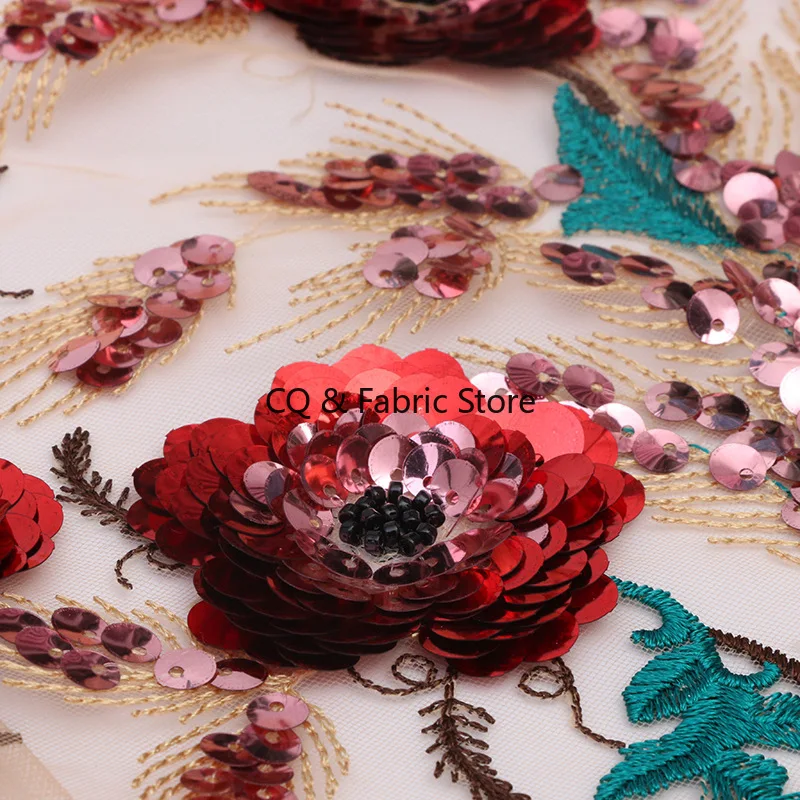 

New Apricot Tulle Mesh With Red Sequins Flowers 3d Lace Fabric For Wedding Evening Dresses