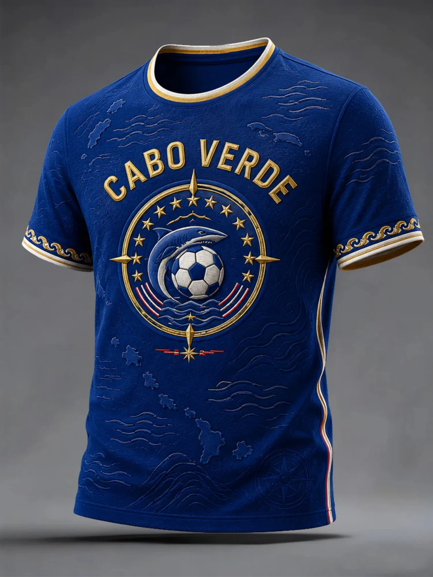 Mens Cabo Verde Crew Neck T Shirt Blue Dolphin Badge Island Print Short Sleeve Casual Top Beach Holiday Summer Style Daily Beach