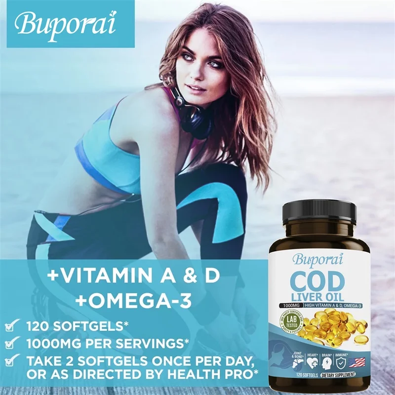 كبسولات زيت كبد سمك القد، غنية بفيتامين أ ود، تساعد على الحفاظ على البشرة الصحية والدماغ والعظام القوية وتحسين الذاكرة