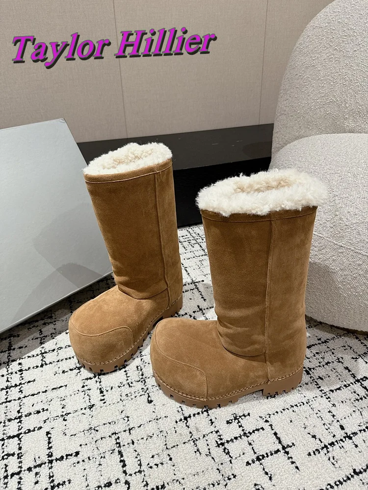 Winter Women Snowboots Man Fur Big Round Toe Suede Height Increasing Warm Non-Slip Square Heel Latest 2025 Fashion New Arrival