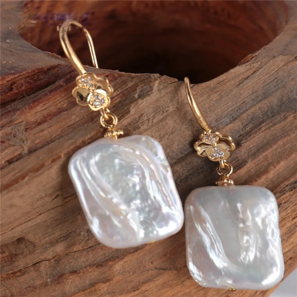 

Natural White square Baroque Pearl Earring 18KGP Holidays Dangle Eardrop Teens Bridal Gemstone Meisje