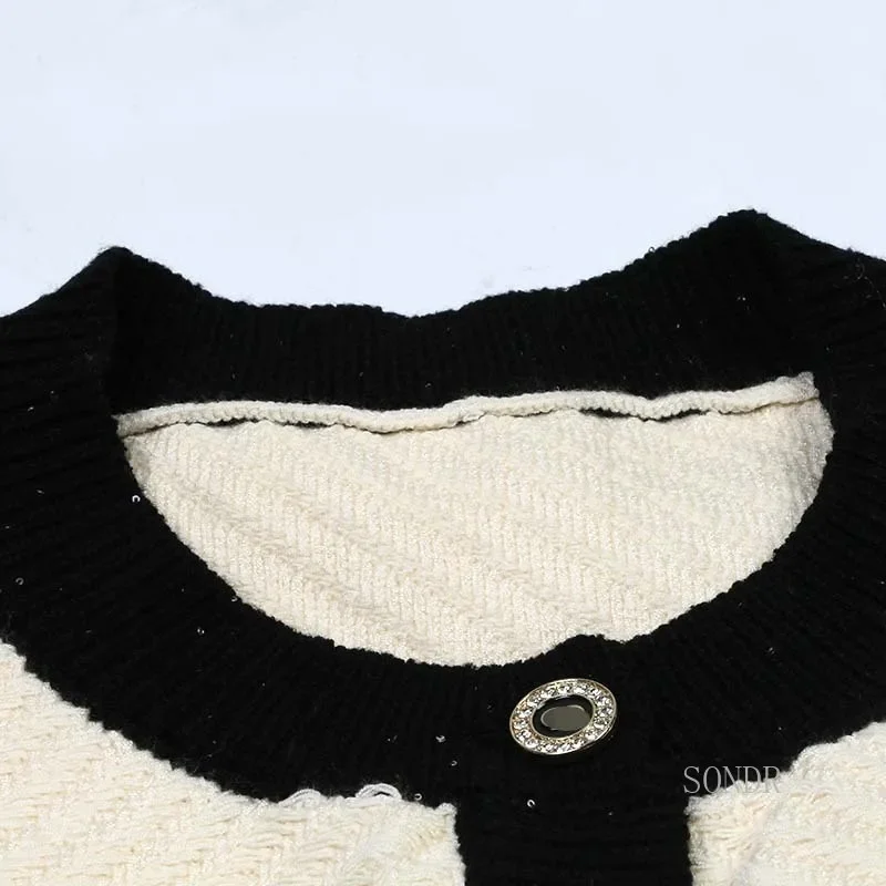 Loose Knitted Cardigan with Black Collar for Women, Long Sleeves, Round Neck Sweater, White Jacket, Autumn and Winter