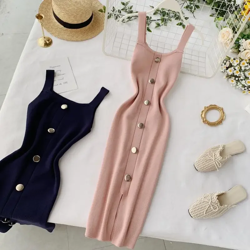 2024 Summer Pink/Red/White/Black Women Knitted Dress Vintage High Waist Button Single-breasted Slim Casual Dress For Female New