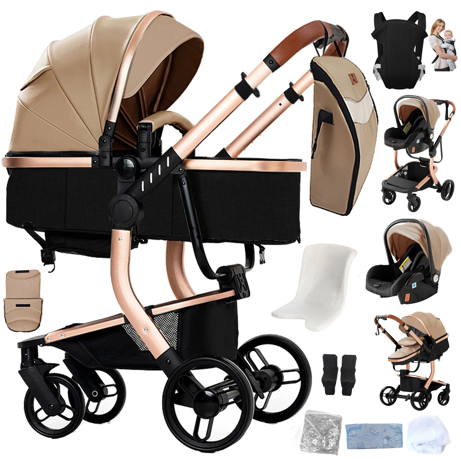 Baby-Kinderwagen 3-in-1 mit Wickelauflage, leichter Kinderwagen für Neugeborene, 3-in-1-Kinderwagen mit Wickelauflage und Neugeborenen-Reifen