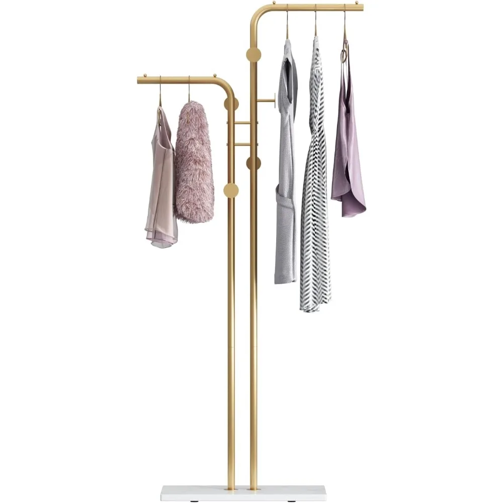 DR.IRON Double-pole Coat Racks Freestanding, Metal Gold Clothing Rack with 5 Hooks and Marble Base, Modern Coat Hanger Stand