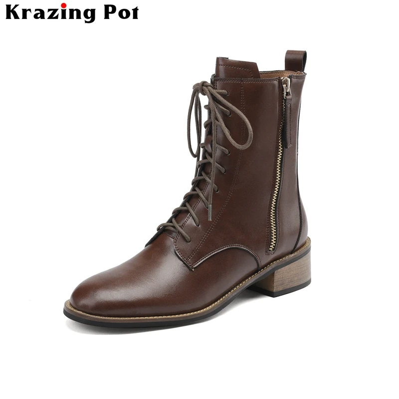 

Krazing Pot 2024 Cow Leather Round Toe Zipper Luxury Modern Boots Med Heel Warm Winter Shoes Dress Ins Office Lady Ankle Boots