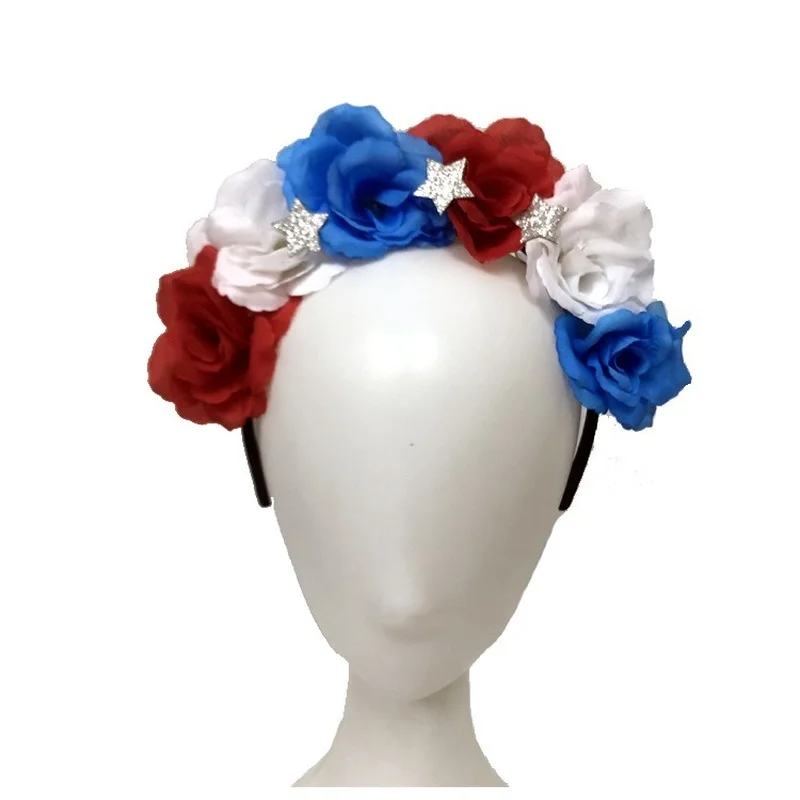 12pcs  Girls Women Children Flower American Independence Day Headband Headwear National  Rose Red Blue White  Halloween