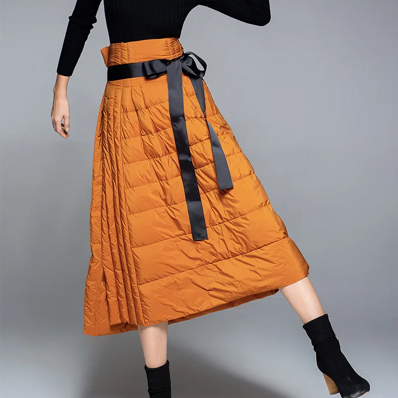 2024 autumn and winter new European style white eiderdown skirt a word high waist belt show thin skirt thickened warmth 24043