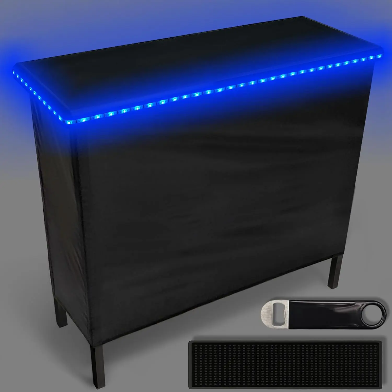 New Improved Portable Bar Table LED Lights Folding Steel Legs Two Bar Skirts Supportive Storage Shelf Carrying Case Black