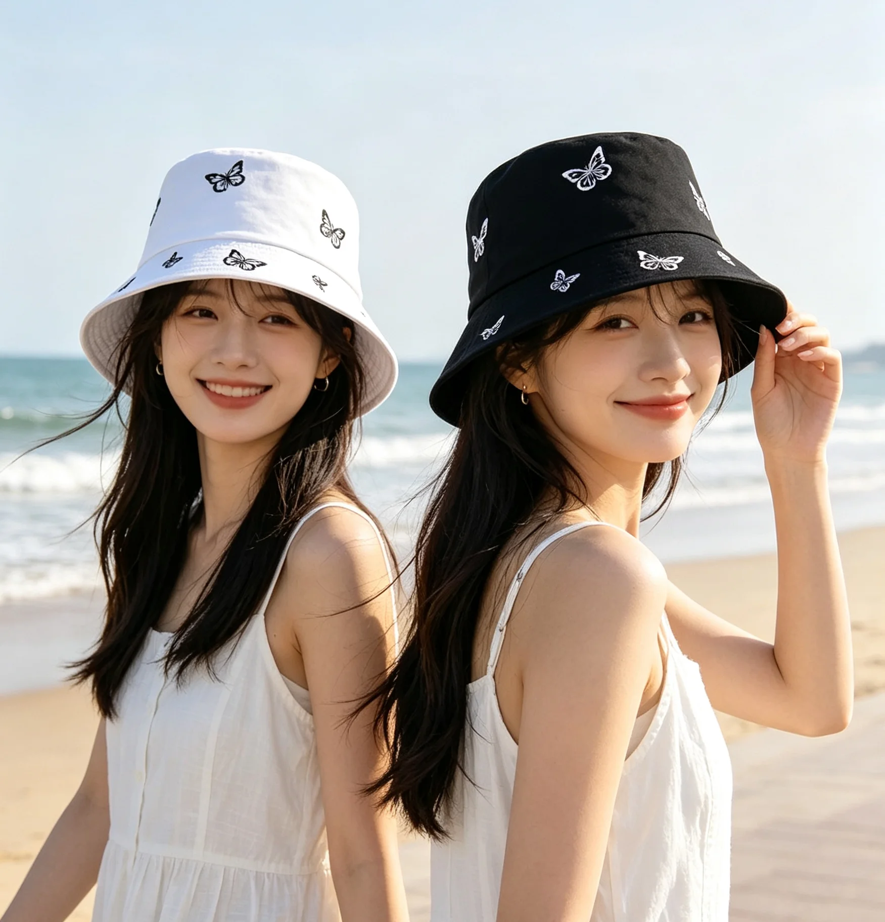 Fashion Embroidered Bucket Hat Adjustable Wide Brim Summer Fisherman Cap for WomenMen