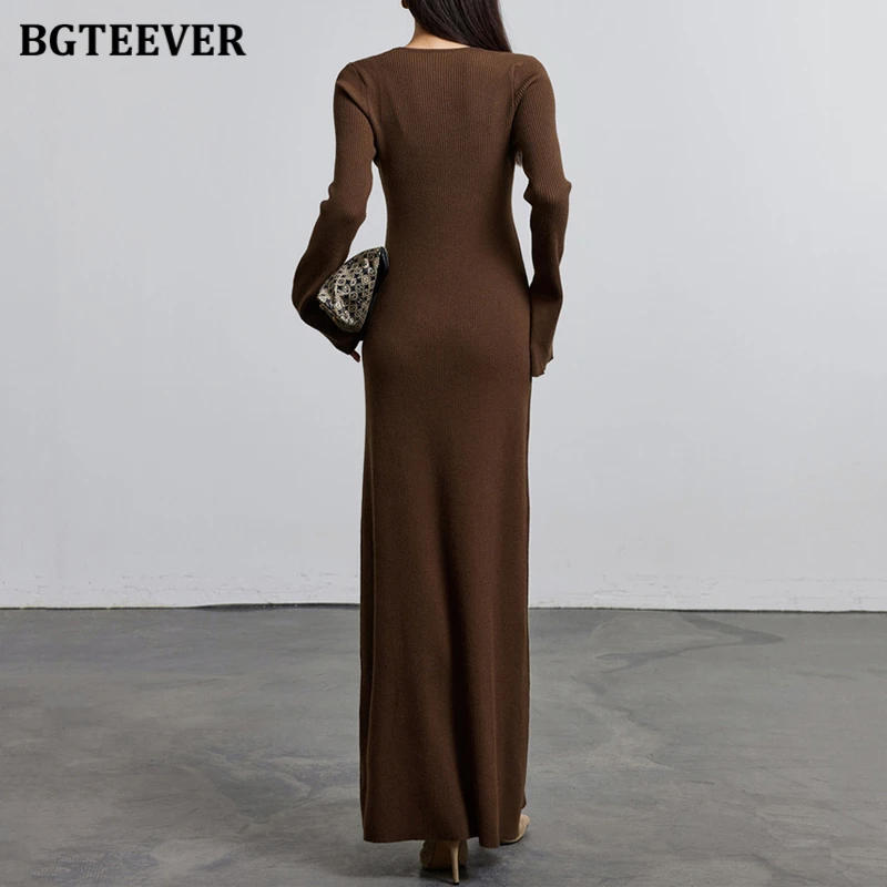 BGTEEVER Fashion V-neck Female Bodycon Sweaters Dress Autumn Winter Long Sleeve Slim Waist Women Knitted Dress