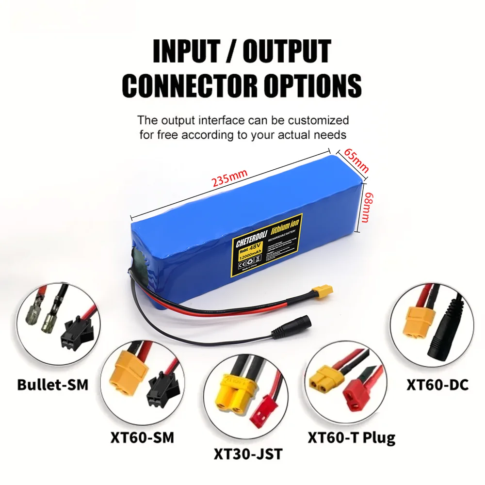 48V 12Ah 13S3P Battery 18650 Lithium Rechargeable Battery Built-in