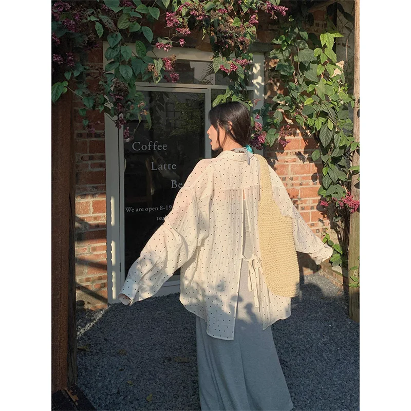 

Femme Spring Summer Korean Fashion Printing Button Solid Color Collar Women Shirts Fashionable Polka Dot Long Sleeve Top Te