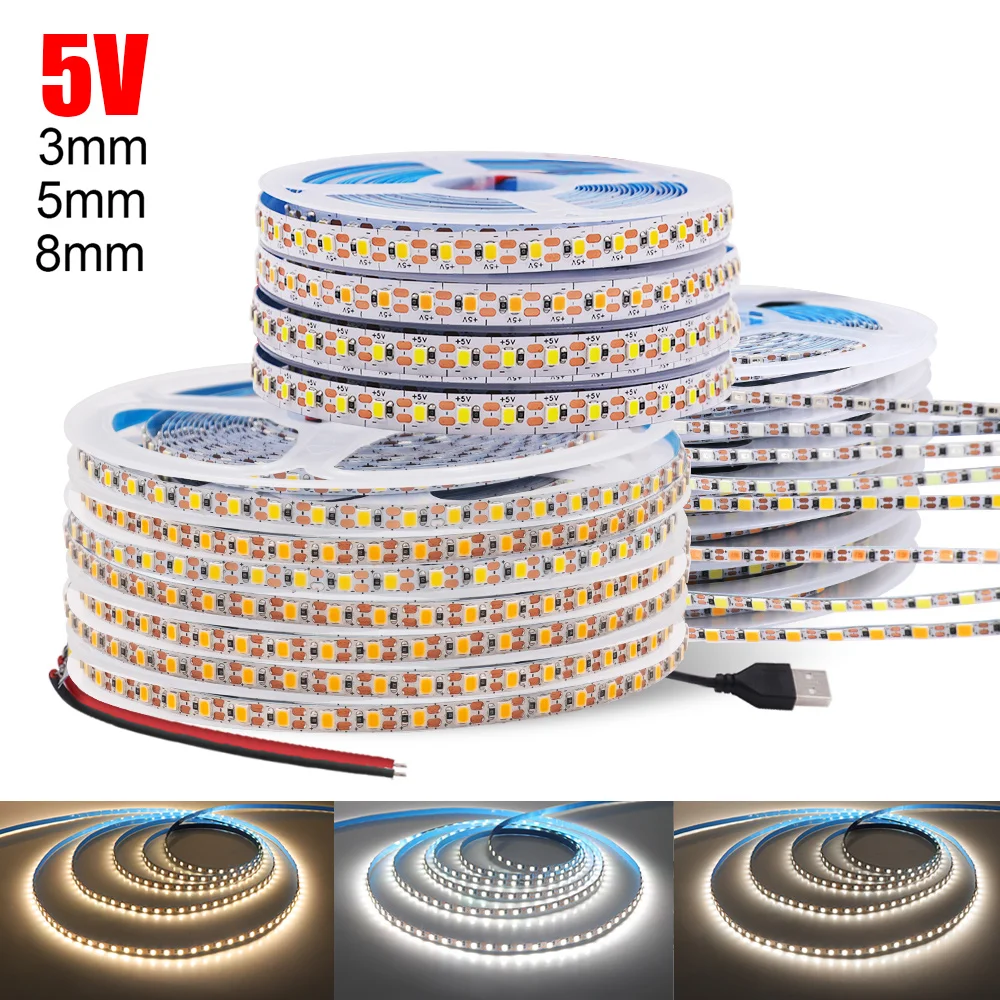 3mm 5mm PCB LED Strip Light 5V 2835 1 LED Cut Ultra Thin 120LEDs/m 8mm Flexible Tape DC IP21 Not Waterproof Warm Natural White