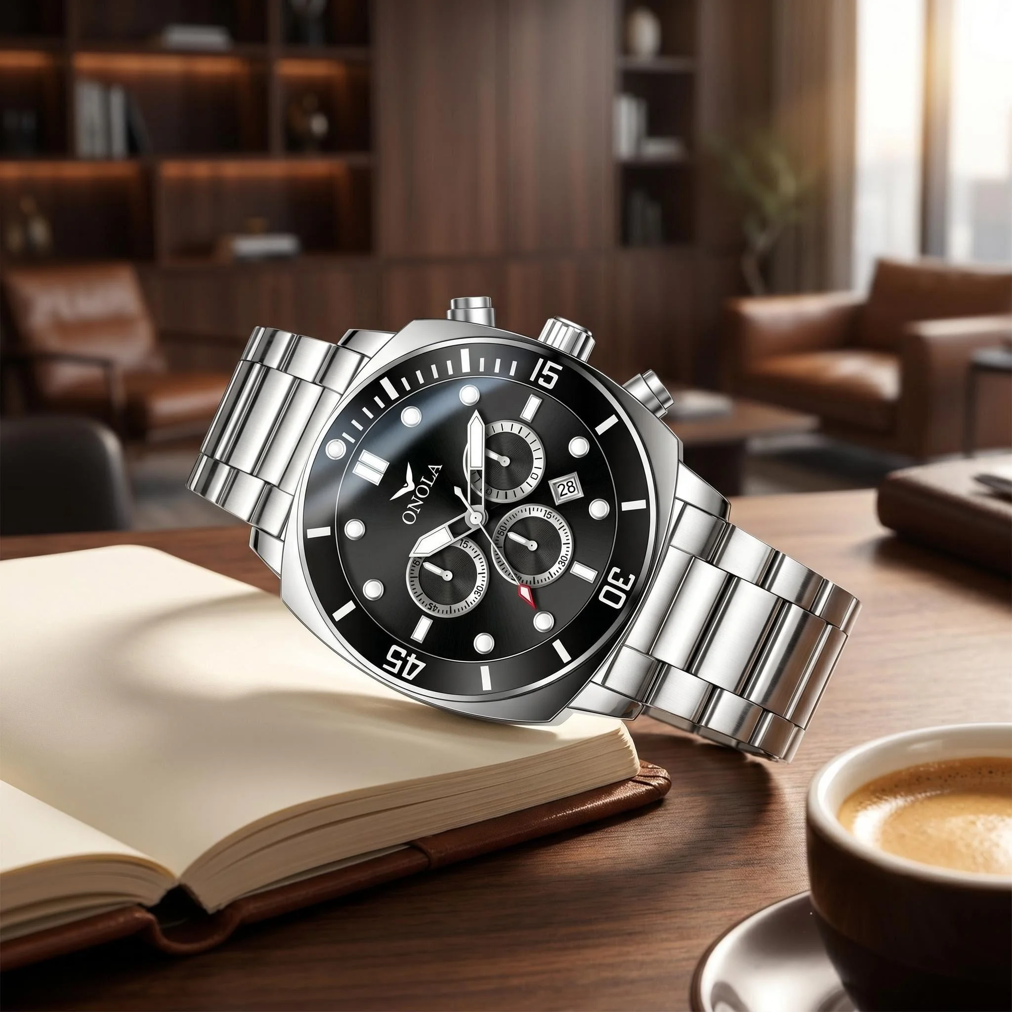 ONOLA Black Steel Timing Watch Men's Rose Gold Sports Quartz Watch with Date Waterproof Men's Watch