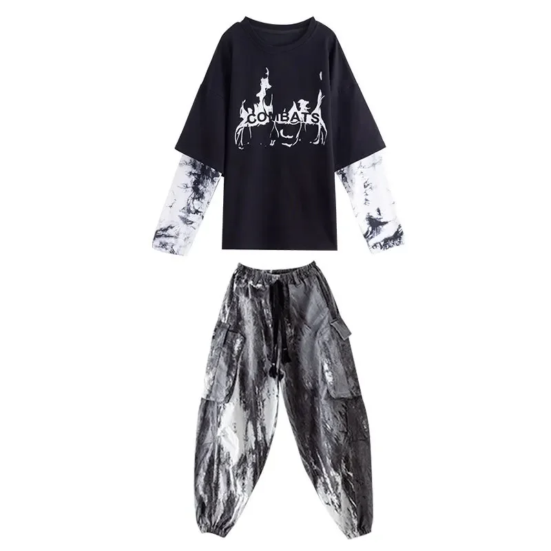 Boy Hip-hop Stage Costume Spring Black Letter T-shirt Tie-dye Phat Pants Suit Children's School Team Performance Costume 10 1214