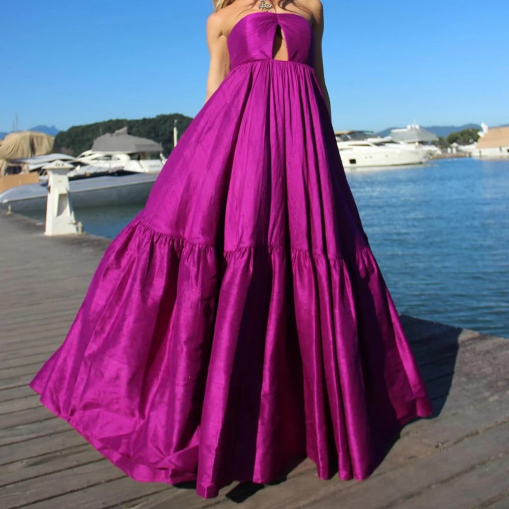 Customized Classic Pleats Strapless Evening Dresses Temperament A-Line Satin Custom Size Purple Party Gowns vestidos de fiesta