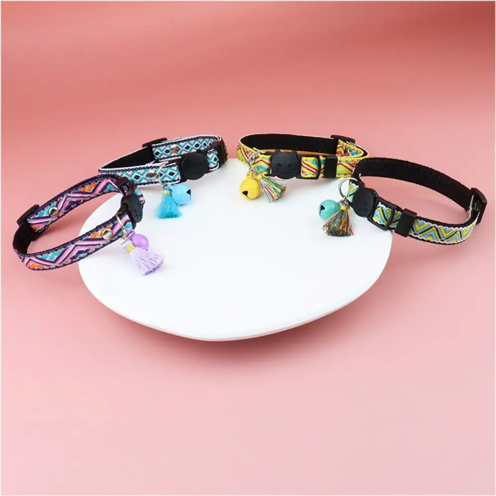 Adjustable Cat Collar Colorful With Tassels And Bells Pet Necklace Plaid Jacquard Pattern Exquisite Pet Neck Strap Puppy