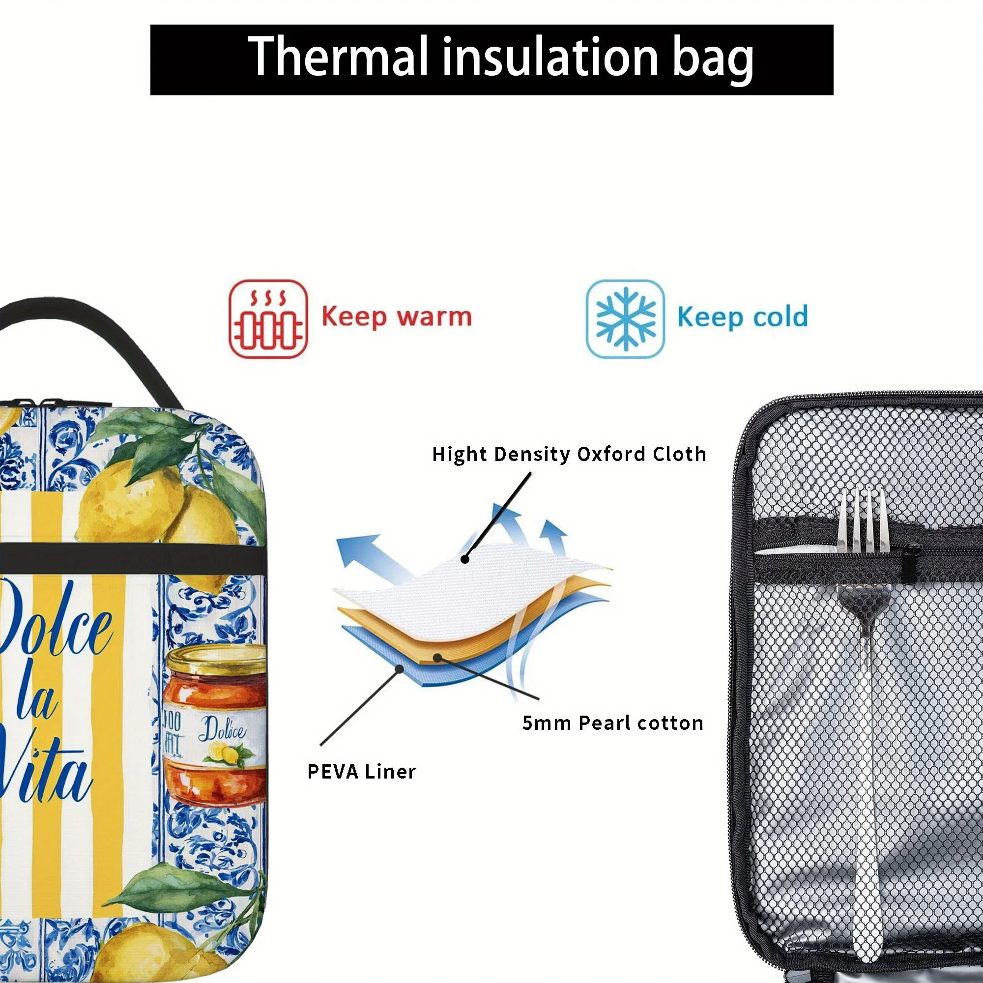 Lemon-themed Jar Art Printed Thermal Bag, Insulation Bag, Insulated Bag. Not for Food Contact. Suitable for Home Restaurant