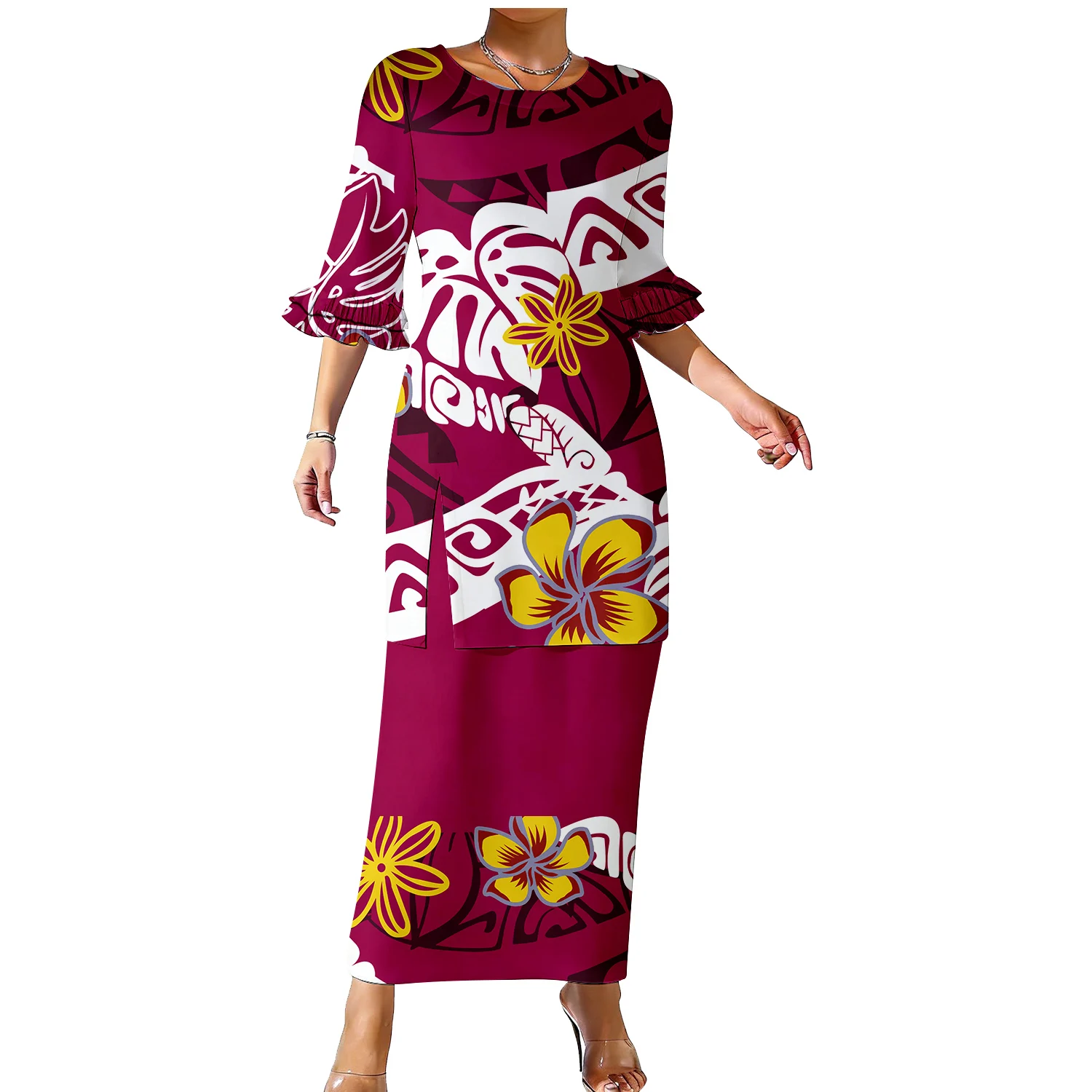 Casual Polynesian-Style Customizable Pattern Puletasi Women'S Fitted Figure-Hugging Double-Layer Ruffled Sleeve Set Skirt