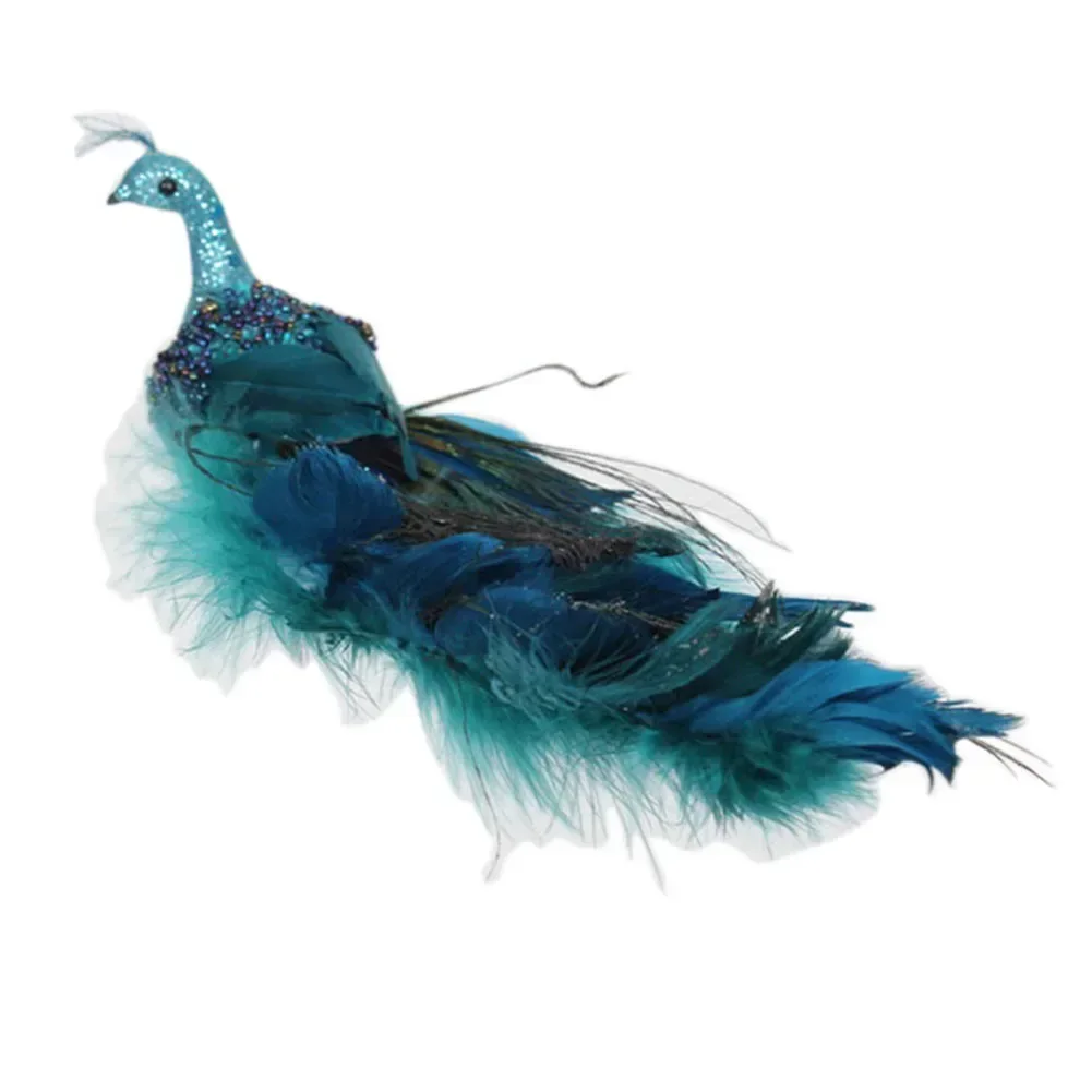 Blue Glitter Peacock Artificial Birds Christmas Tree Decoration Simulation Feather Birds Lawn Figurine Ornament 27*8*9cm