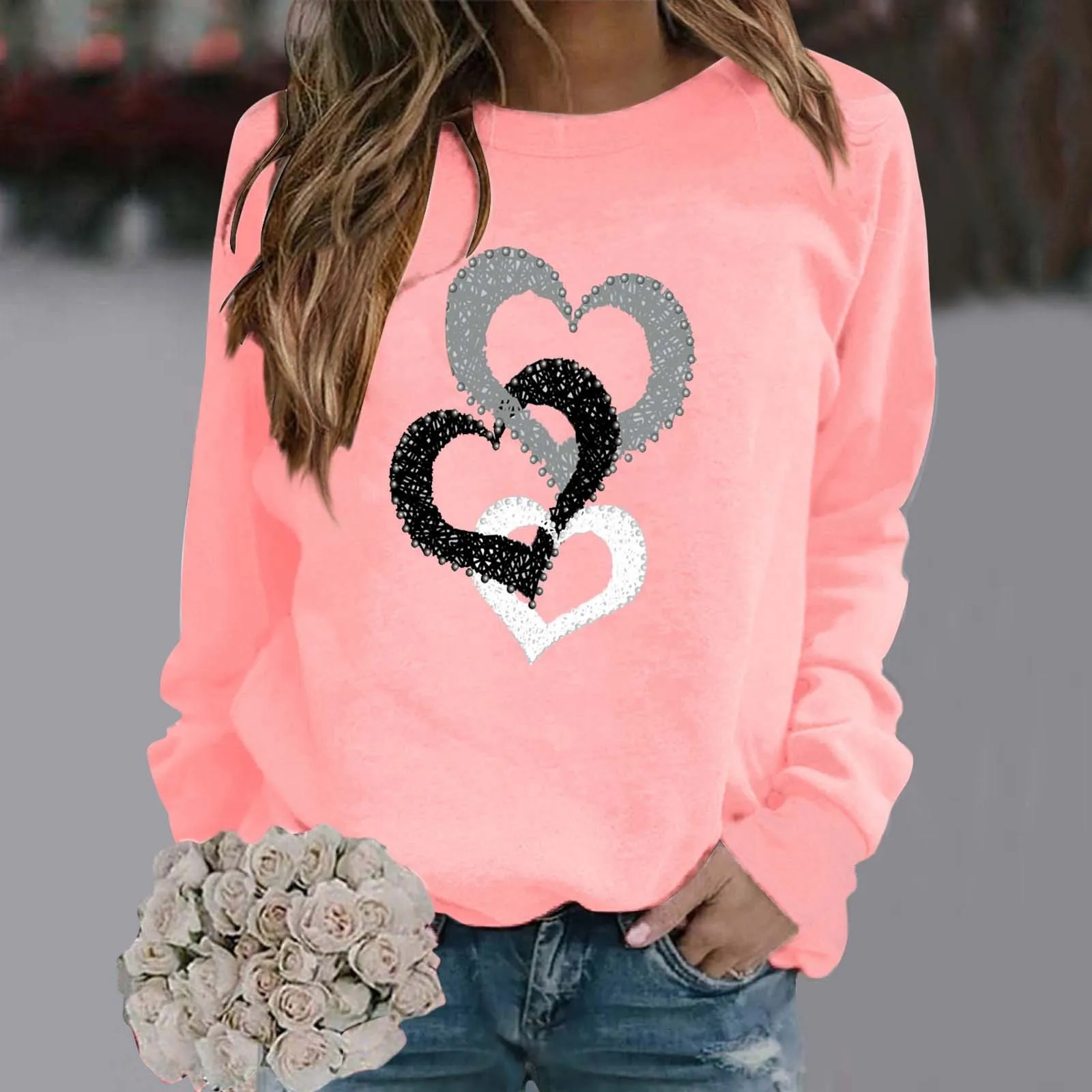 Valentine\'s Day Pullovers Women\'s Round Neck Casual Love Heart Printed Tops Leisure Sweaters Long Sleeve Outdoor Hoodies Clothes