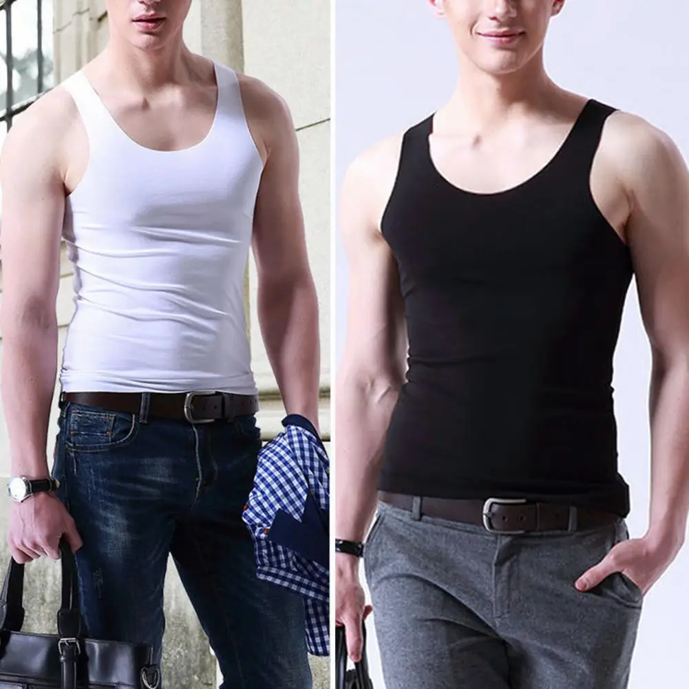 

Tank Tops Men O-neck Sleeveless Men Vest Thin Elastic Quick Drying Solid Color Ice Silk Seamless Tops Sportwear Male Undershirt