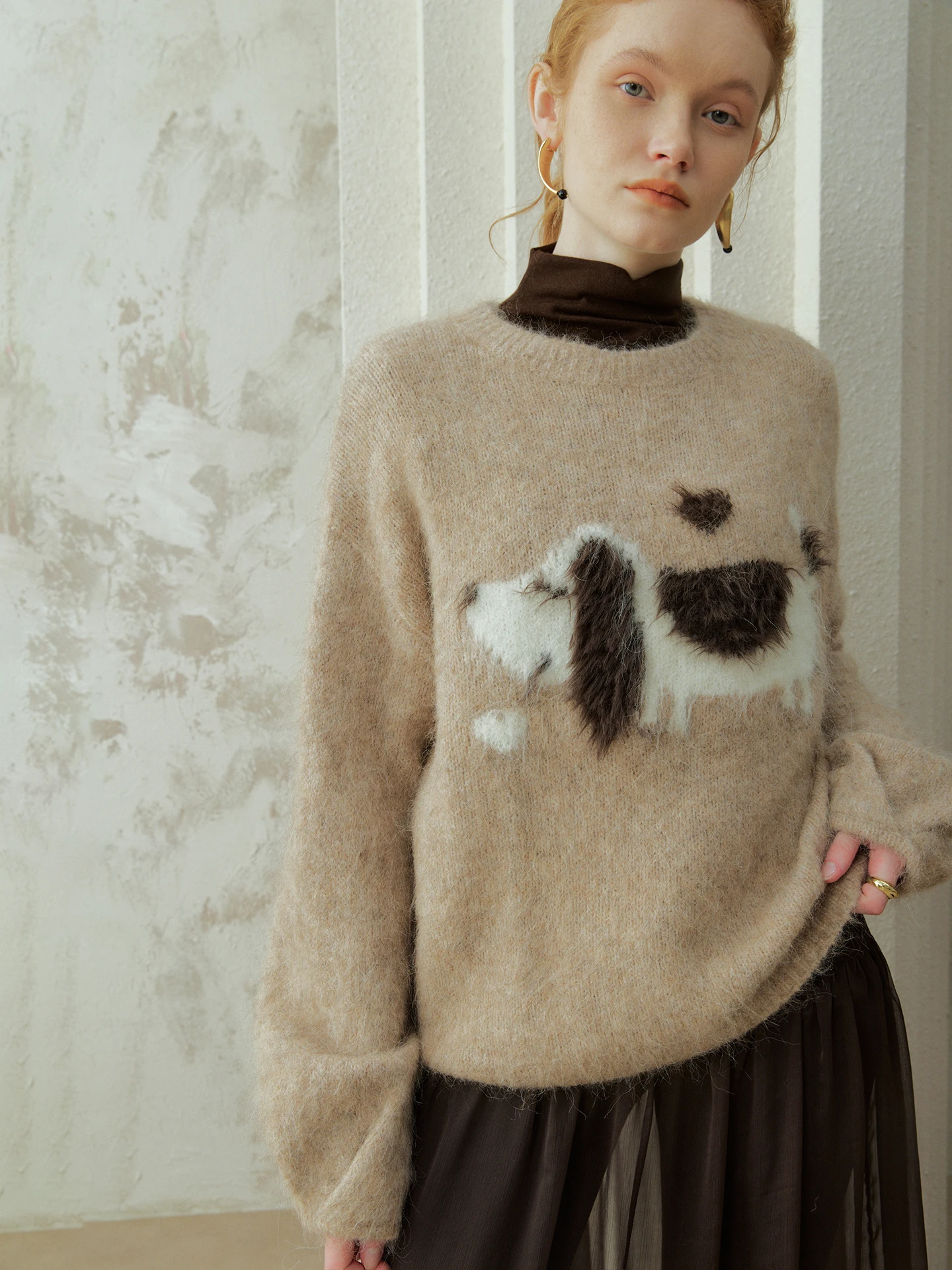 

Осенне-зимний женский вязаный свитер из флисовой пряжи с верблюжьим пухом, пушистый, с узором в виде медведя/свиньи, теплый, толстый, с длинными рукавами, с круглым вырезом.