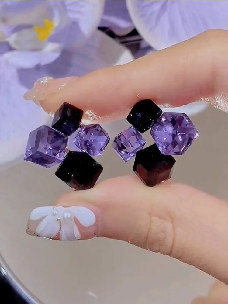 Light luxury super flash purple three-dimensional square crystal stud earrings women's unique earrings