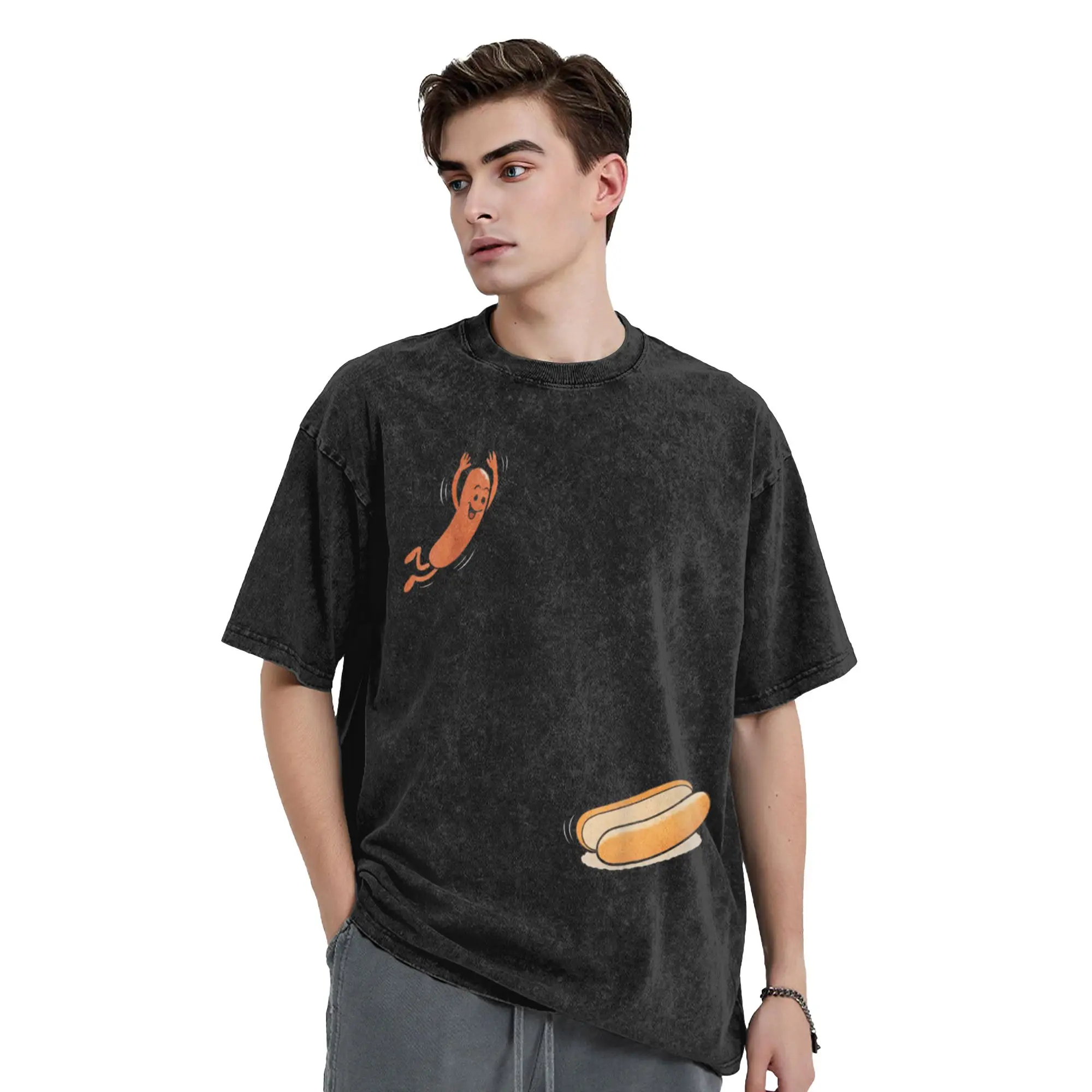 Vintage Washed T Shirt Funny Hot Dog Jumping Into Bun Sausage BBQ High Dive Cotton T-Shirts Beach Y2K Classic Custom DIY Tees
