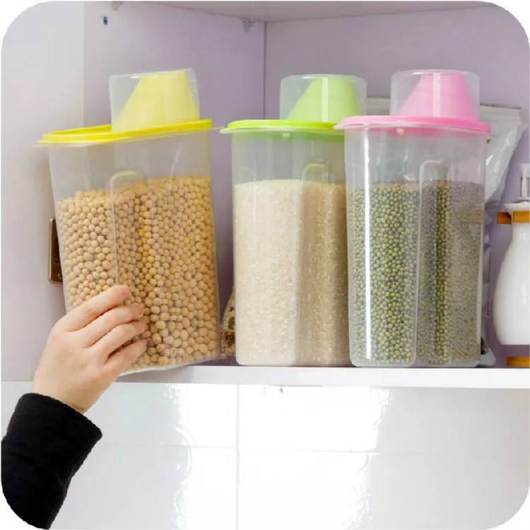 1Pc 1.9/2.5L Plastic Kitchen Rice Cereal Bean Dry Food Storage Dispenser Container Lid Sealed Box Storage Bottles Jar Practical