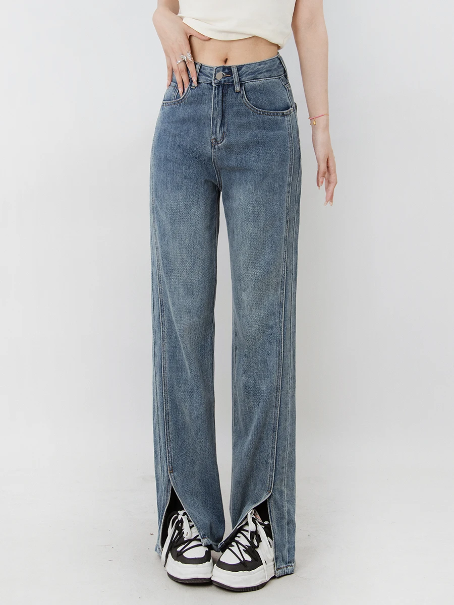 

High Waist Slit Straight Leg Denim Jeans Women's Long Trousers Vintage INS Slimming Floor-Length Dad Pants Spring Summer New ...
