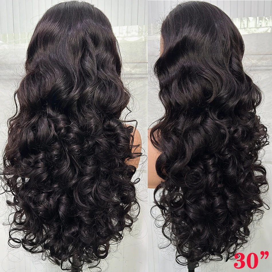 

Human Hair Natural Black 250 Density Bouncy Curly Loose Body Wave Super Double Drawn Raw Indian Hair 13x4 Lace Frontal Wigs