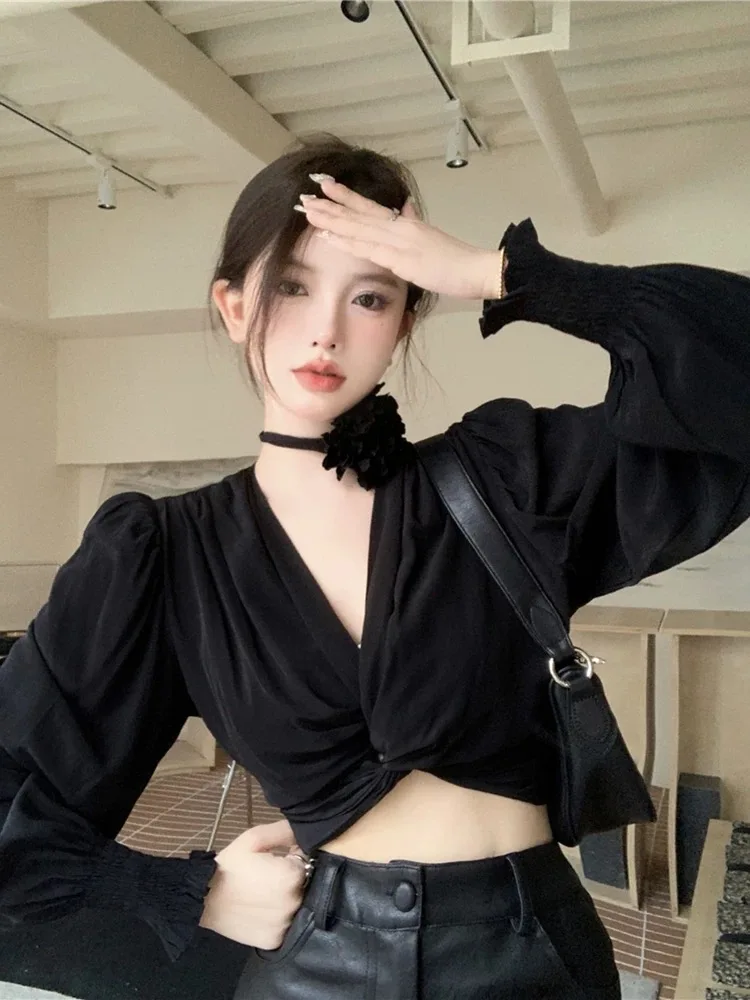 French Cross V Neck Puff Sleeve Tops Blouse Women Short Autumn Hot Sweet High Waist Shirts Date Dinner Party Banquets Blouse