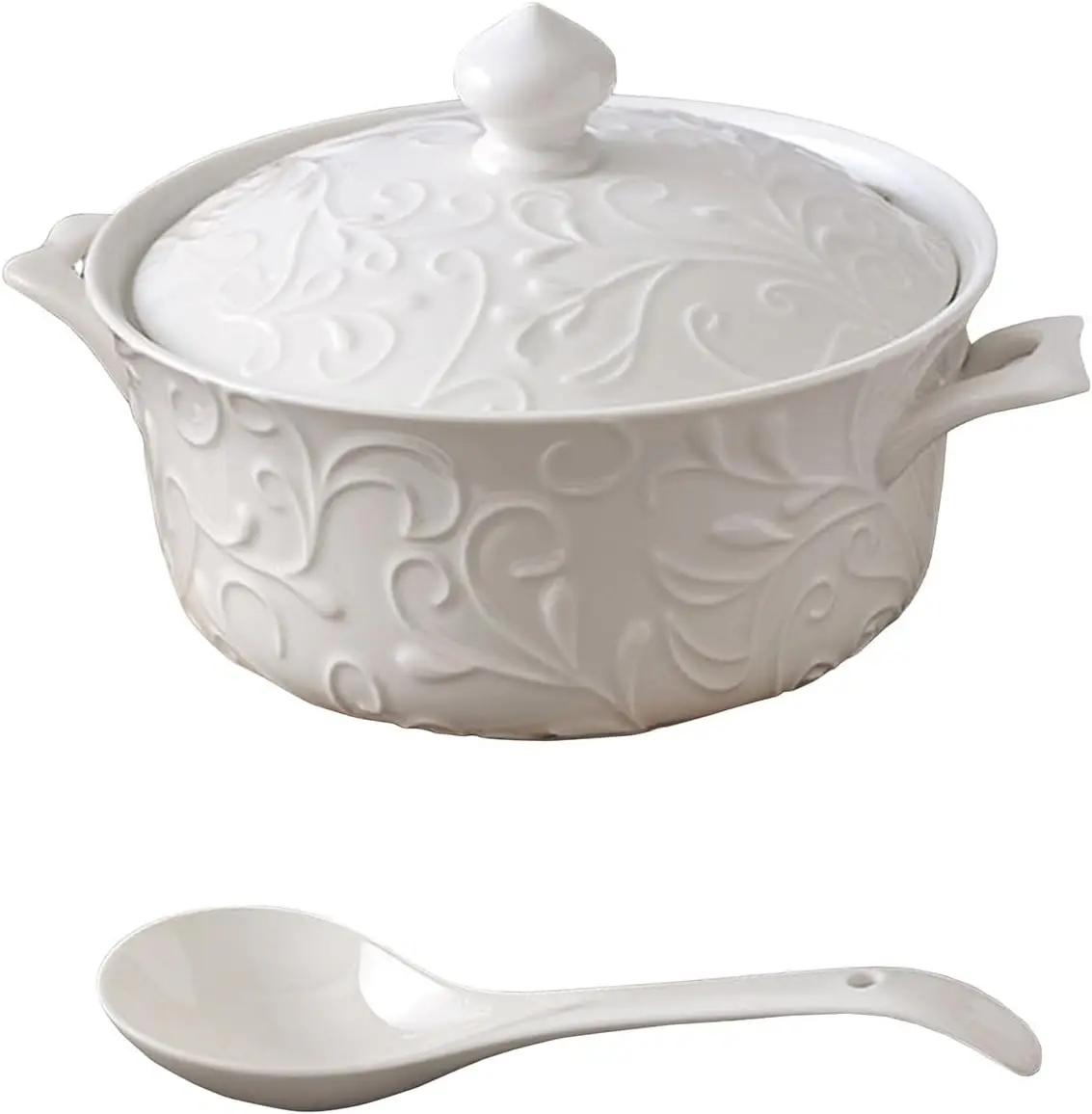 

Ceramic Soup Tureen Set with Lid & Ladle - Oven-Safe for Baked Casseroles, Soups, and Stews - 2.5 L Large Volume (Flower Vine Pa