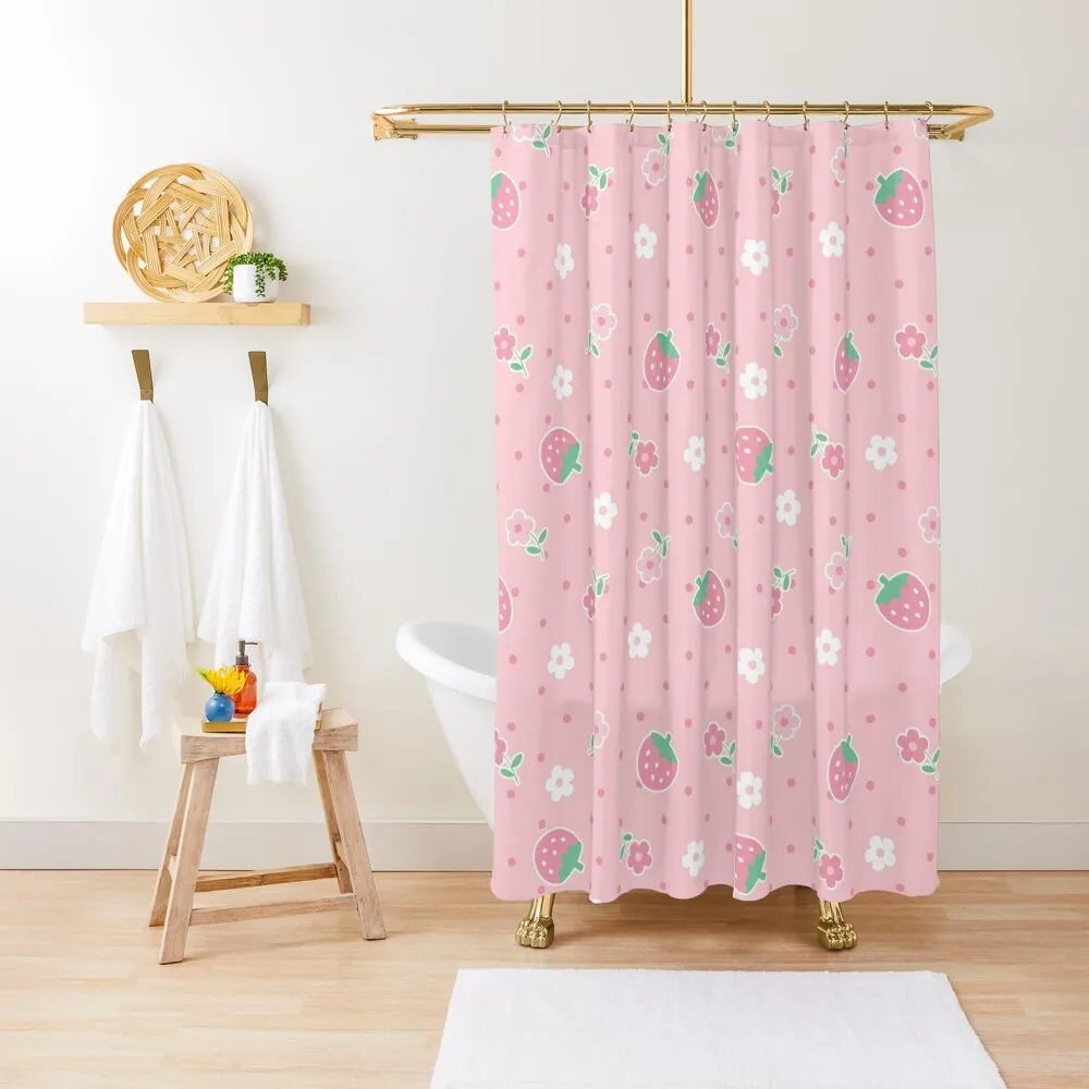 

Strawberries Pink Flowers Dots Kawaii Cute Pastel Shower Curtain Luxury Bathroom Shower Modern Accessory Bathrooms Curtain