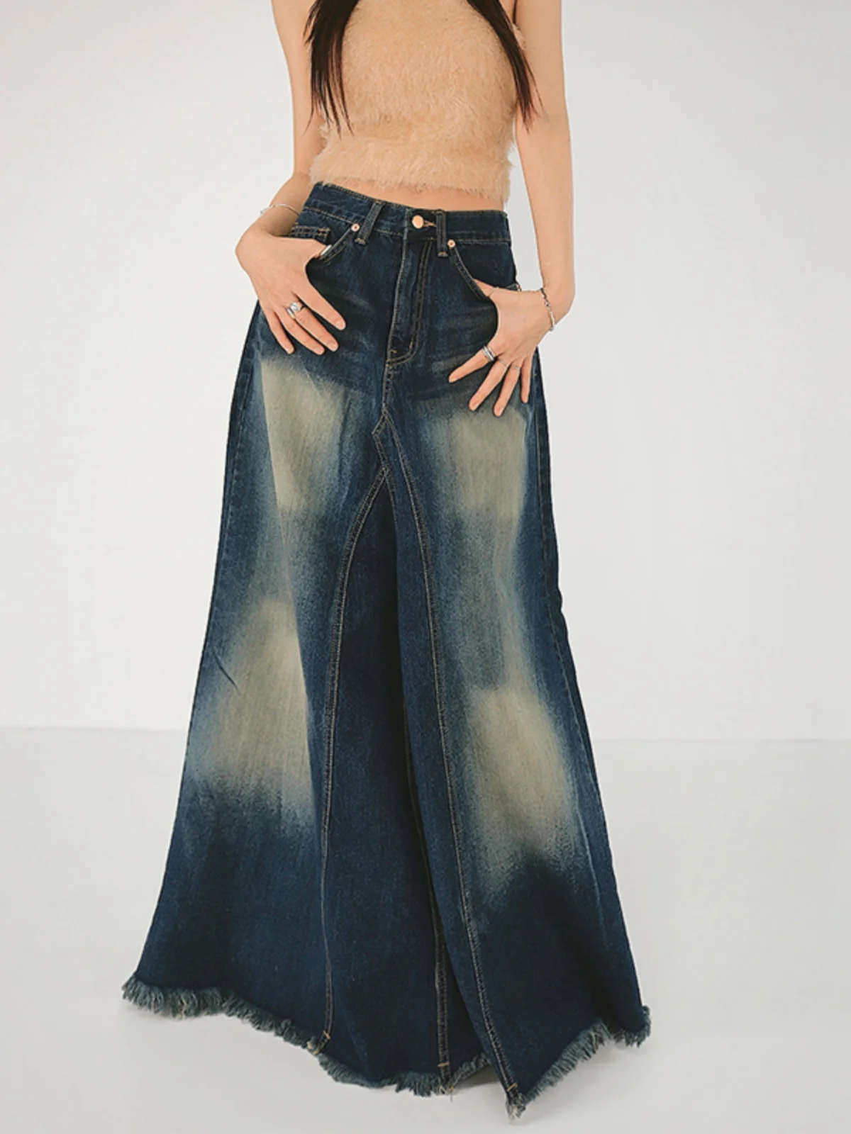 Women Denim Skirt Y2k Emo 2000s Clothes Long Skirt Harajuku Korean 90s Fashion Vintage Gradient A-line Jean Skirt Grunge Clothes