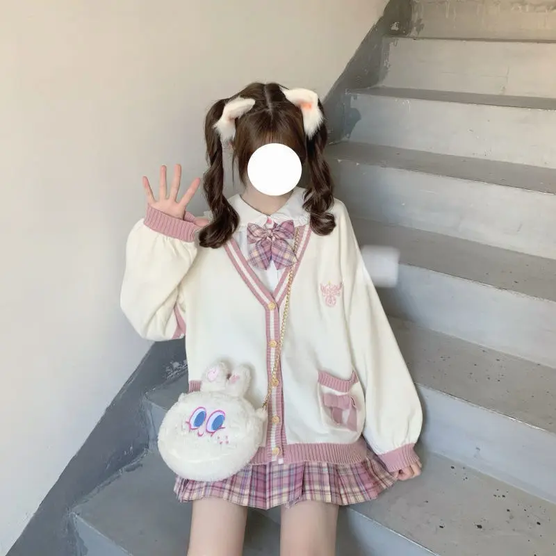 Japanese Girls Loli V-neck JK Uniforms Cute Sweet Sweater Jackets Cardigan Women Student School College Style Cosplay Costumes