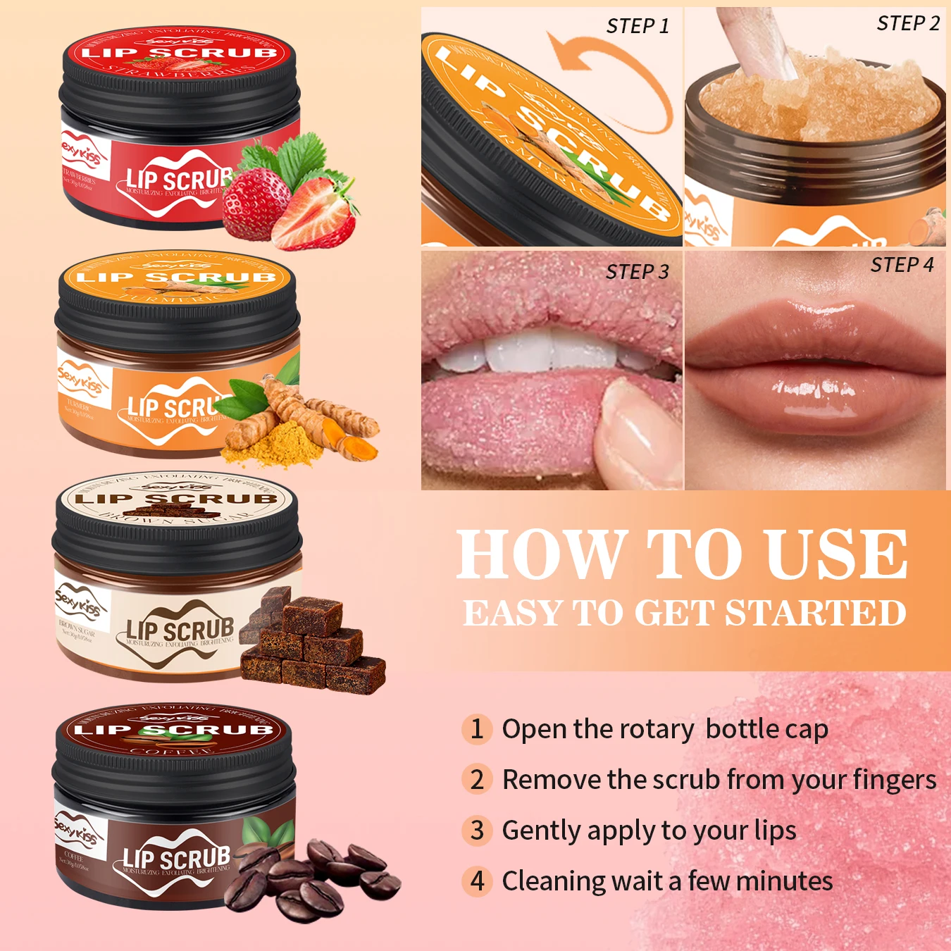 Strawberry, Coffee, brown Sugar, Turmeric Lip Scrub 30g Exfoliator moisturizes, brightens and smoothes lips for a long time