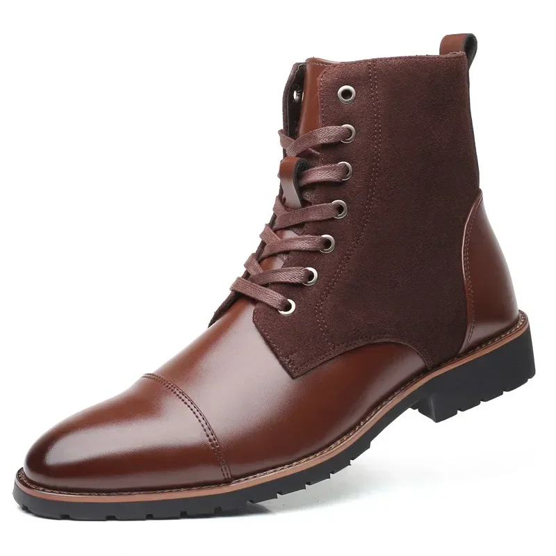 Botas informales de cuero para hombre, botines de encaje, Color sólido, talla grande, nuevo diseñador, moda, Otoño e Invierno